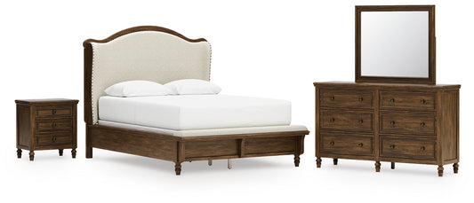 Sturlayne Queen Upholstered Panel Bed with Mirrored Dresser and Nightstand