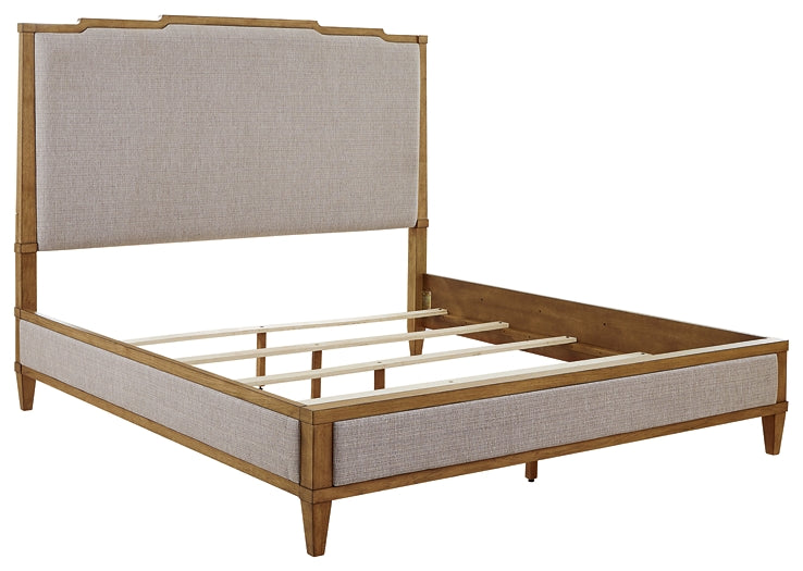 Sharlance California King Upholstered Panel Bed with Mirrored Dresser