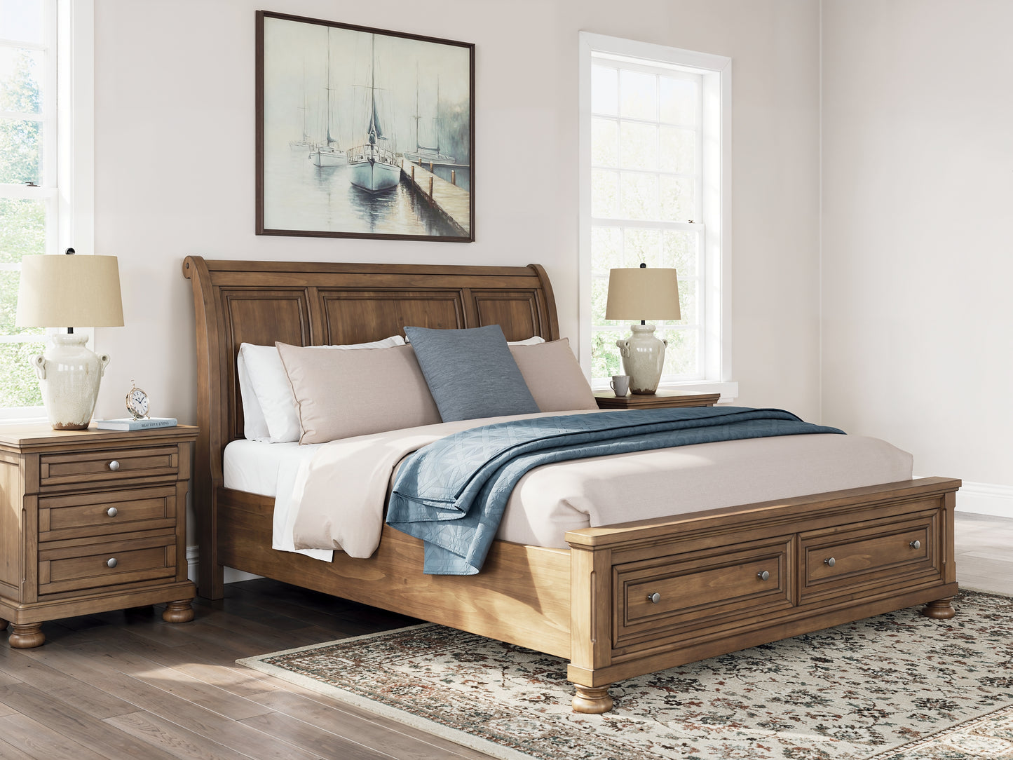 Feddinger California King Storage Sleigh Bed with Mirrored Dresser