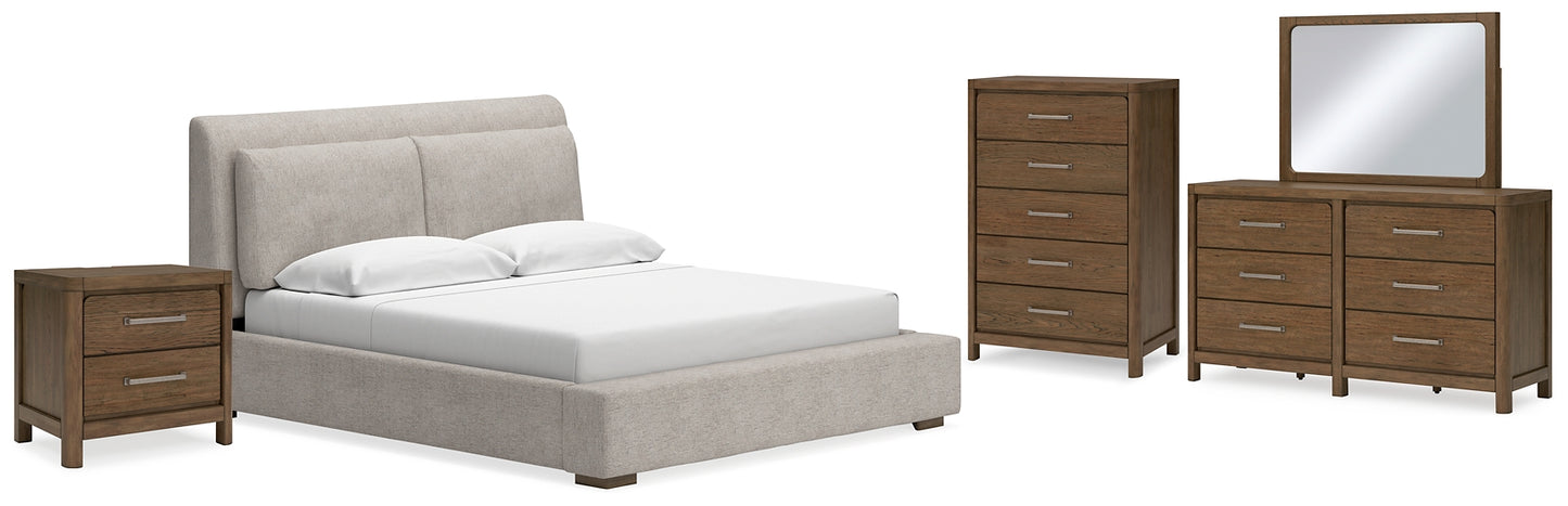 Cabalynn California King Upholstered Bed with Mirrored Dresser, Chest and Nightstand