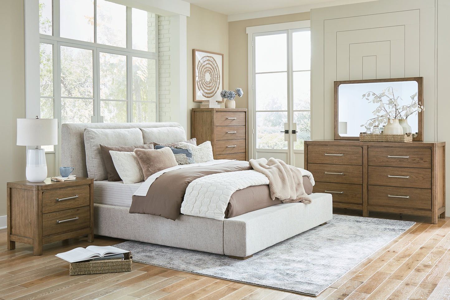 Cabalynn California King Upholstered Bed with Mirrored Dresser, Chest and Nightstand